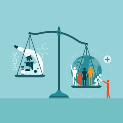 istockphoto-1456407582-612×612 Ethics in medical research: weight scale with microscope on one side and people on the other